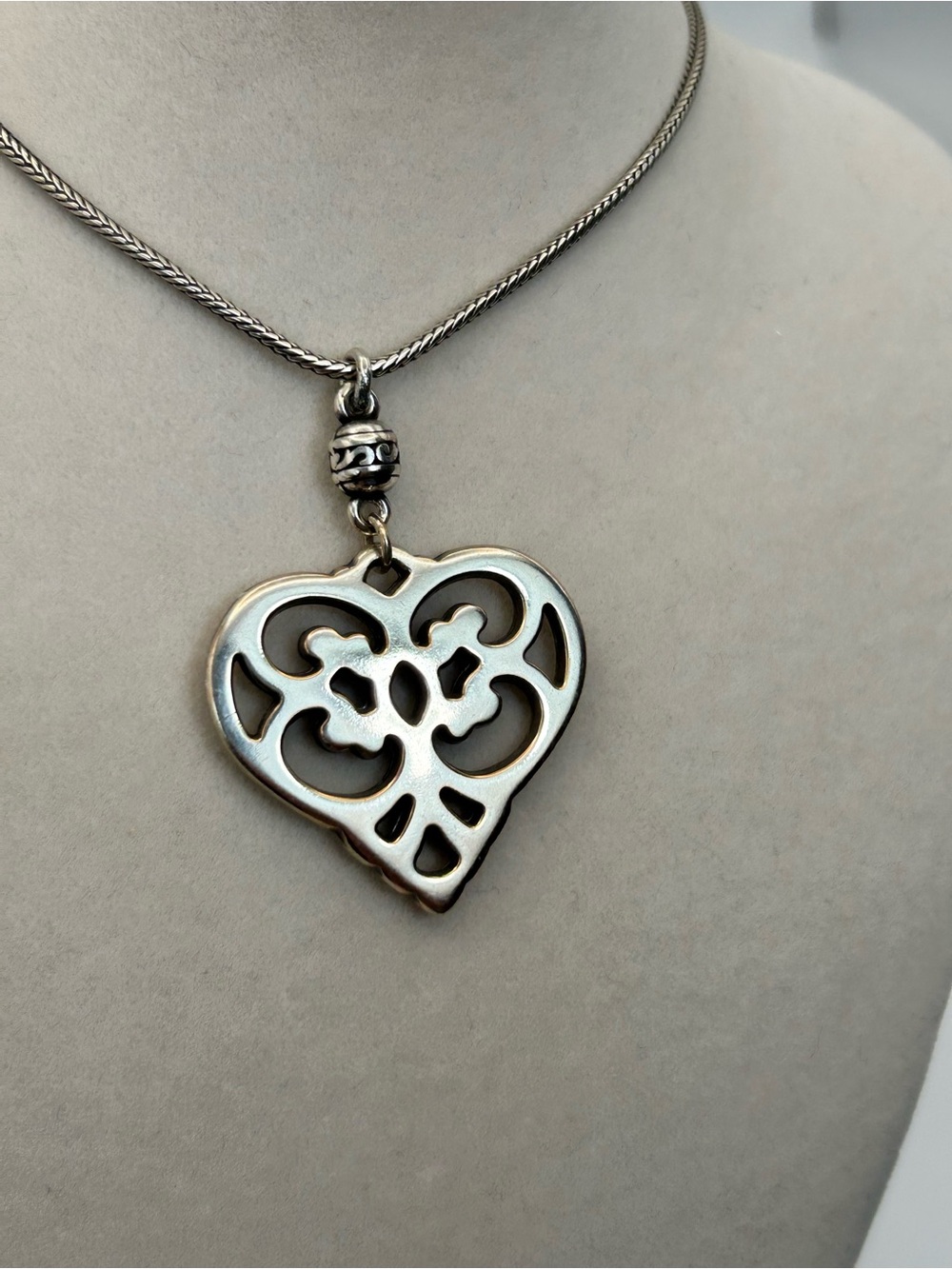 Brighton Geneva Heart Pendant Necklace Silver Plated 19" Retired Open Filigree